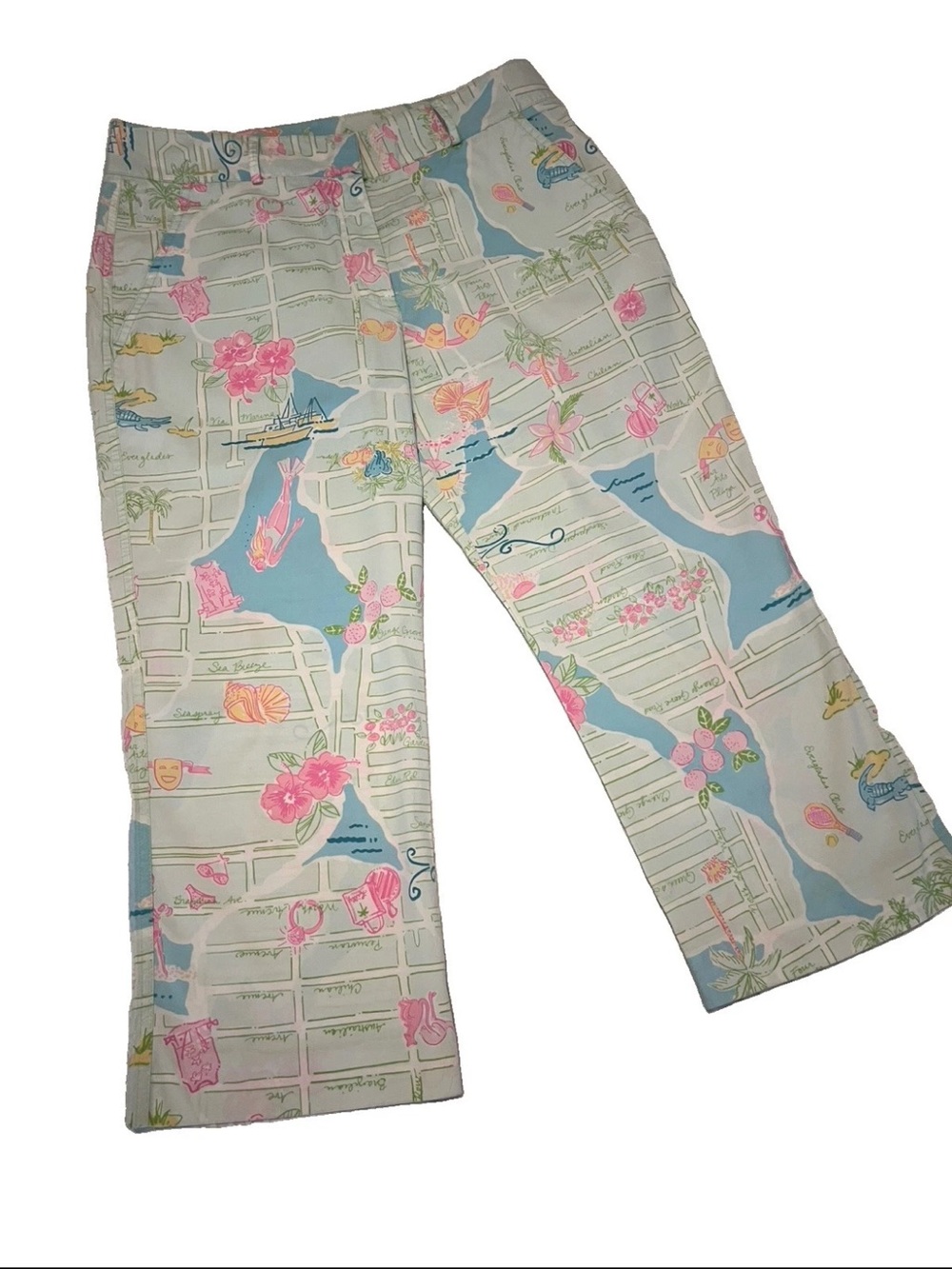 Lilly Pulitzer Crop Capri Pants Green PALM BEACH MAP Print Womens 8 Petite